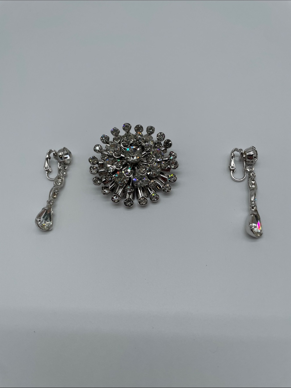 Crystal Burst Silver Brooch with Dangle Earrings - Silver